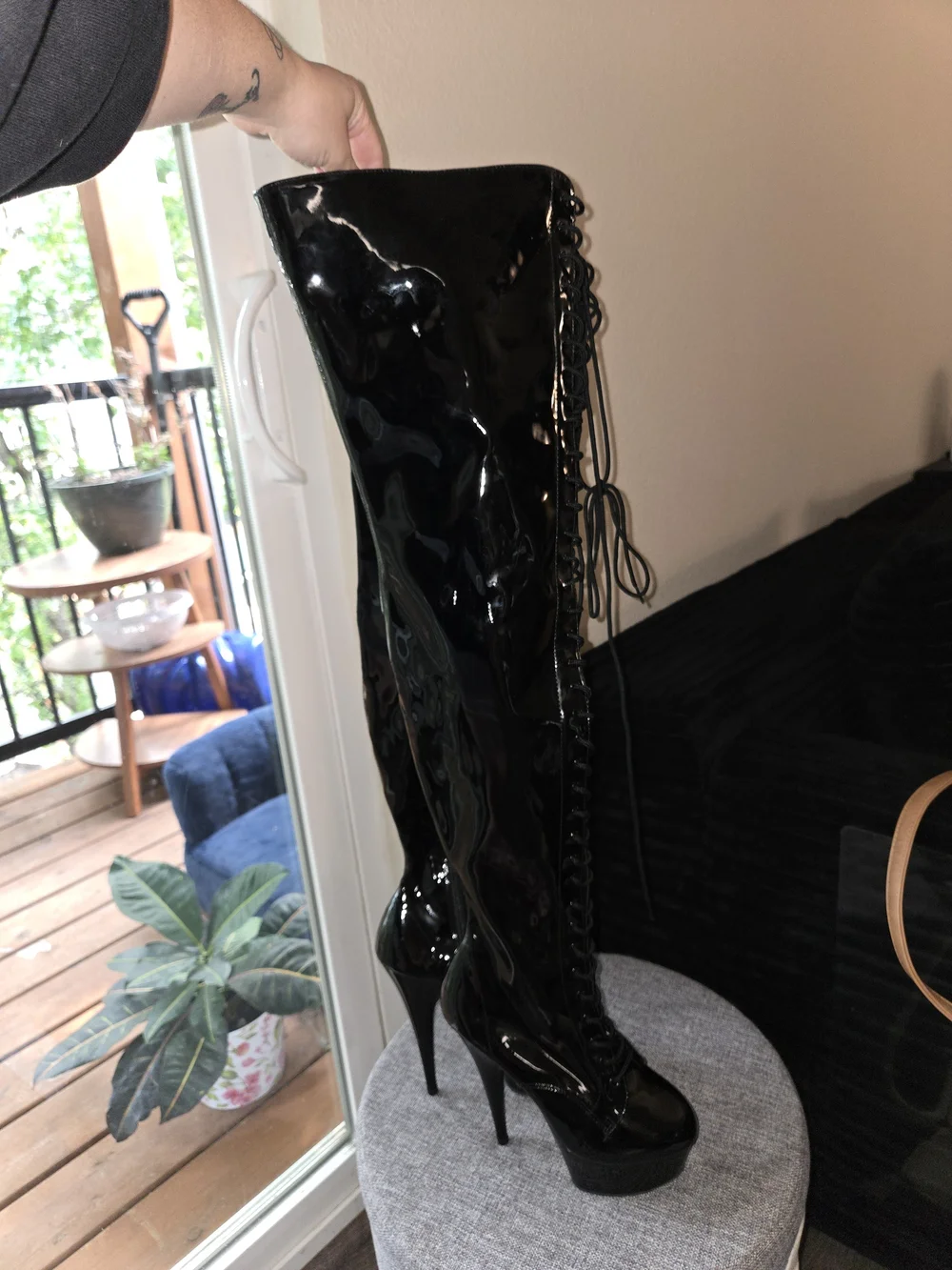 Pleaser Black Patent Over-The-Knee Lace-Up Platform Stiletto Boot